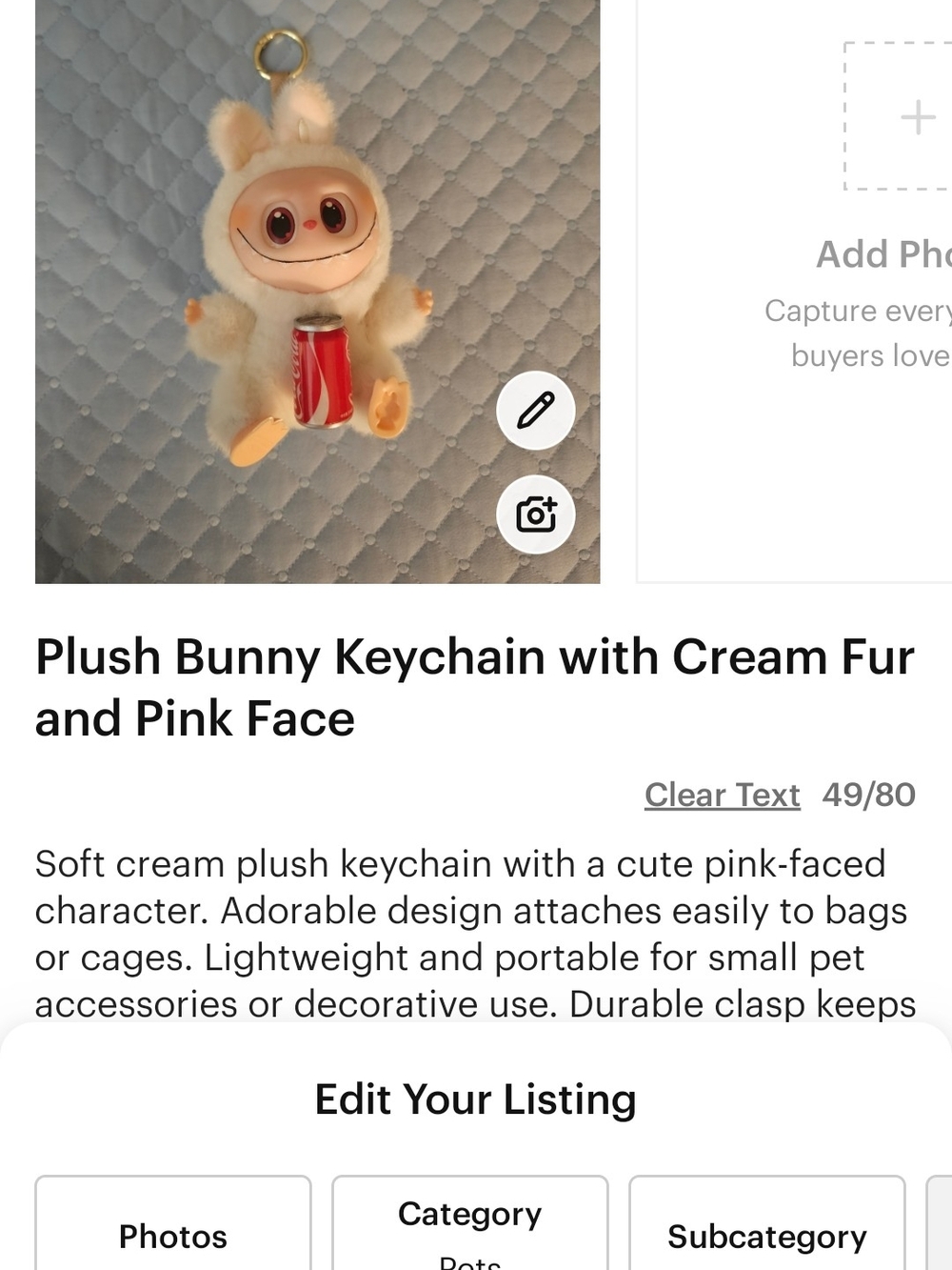 Cream Plush Bunny Keychain with Pink Face